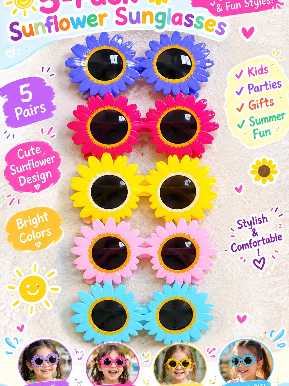 Sunflower Kids Sunglasses - Bright Multi Color Pack